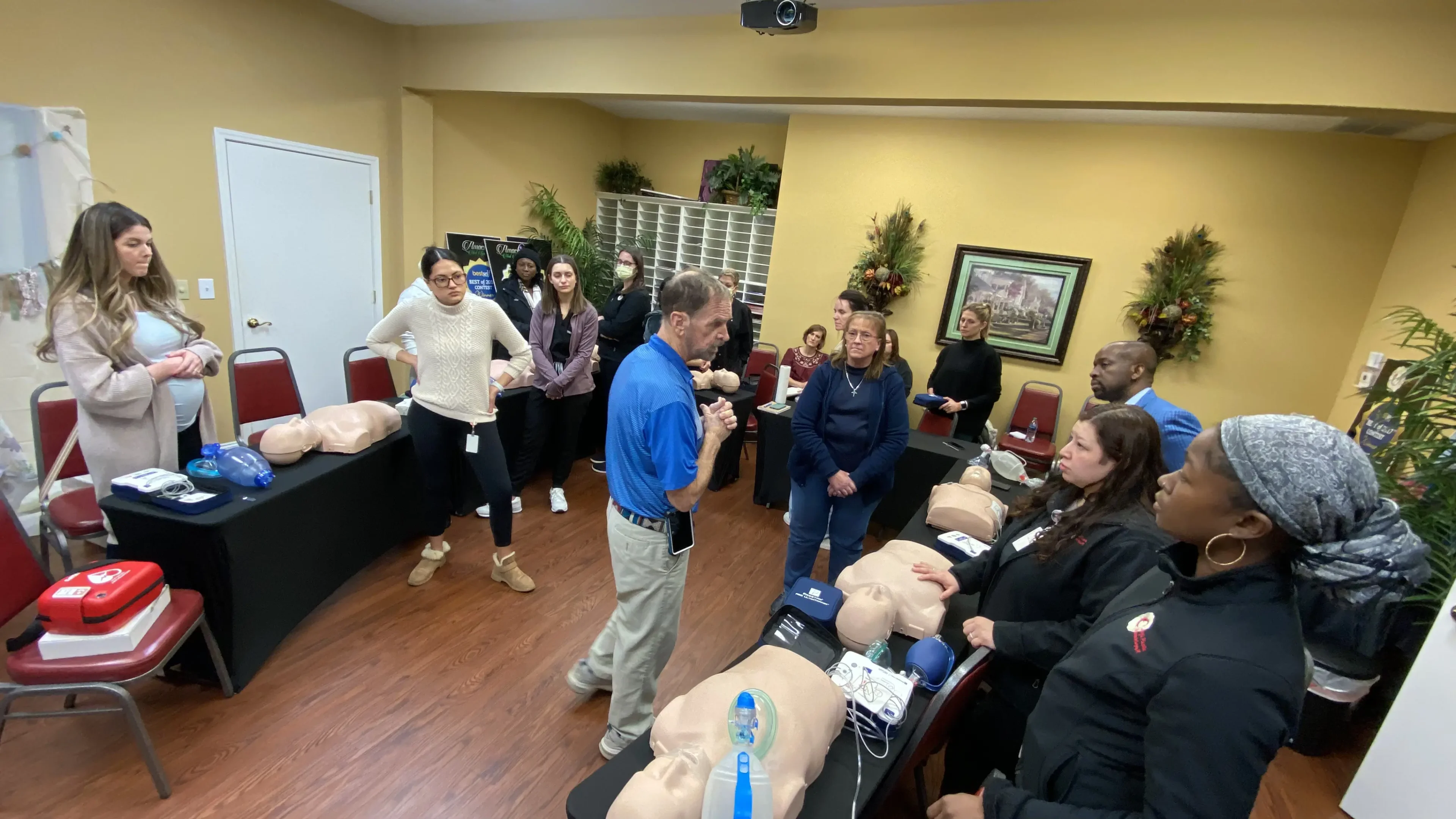 First aid training session with mannequins
